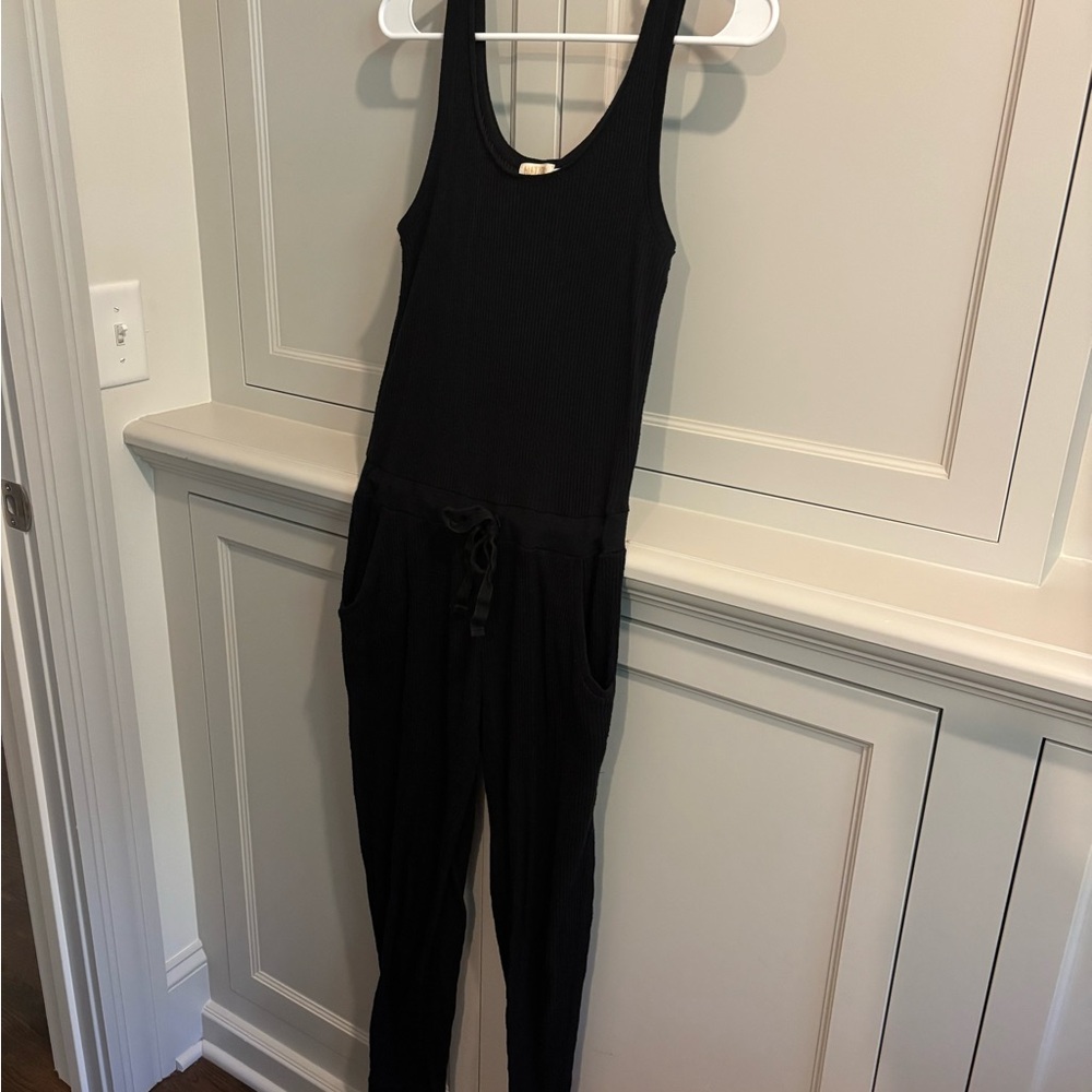 Nation Black Ribbed Tank Jumpsuit with Drawstring Waist
